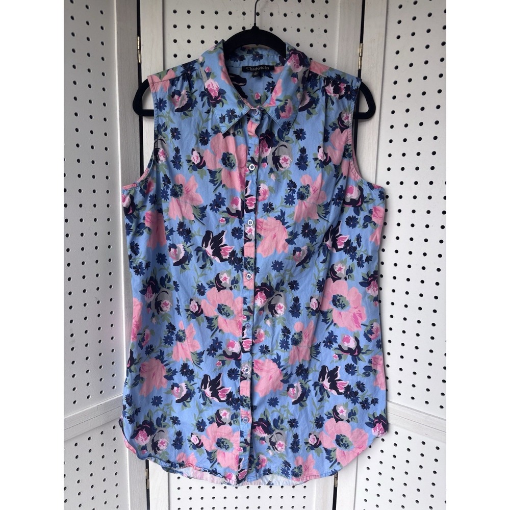 Chadwicks Women's Lg Colorful Floral Button Front Tank Tunic Shirt‎ Cotton Blue